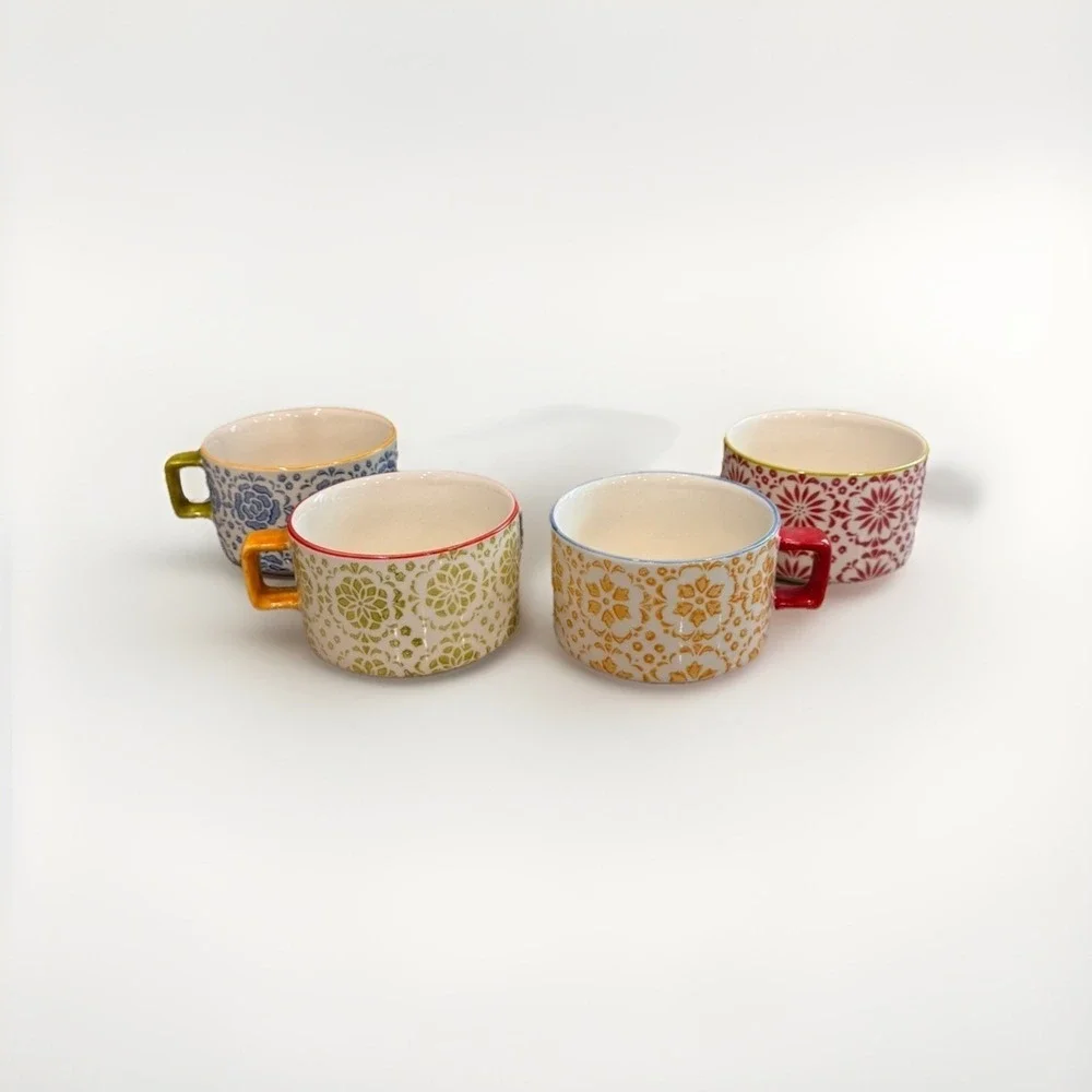 Pier 1 Imports Hand-Painted Stoneware Stacking Mugs Set of 4 w/ Metal Stand